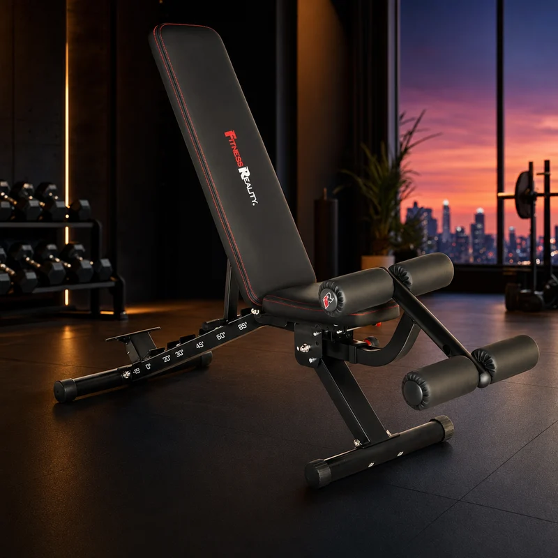 Fitness Reality 2000 Super Max XL no-gap adjustable weight bench in red and black with detachable leg lock-down rollers, shown at incline — from Amazon listing