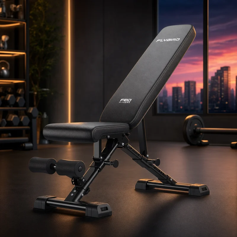 FLYBIRD WB5 foldable adjustable weight bench in black with extended 30-inch backrest, shown at incline, ASTM-certified steel frame — from Amazon listing