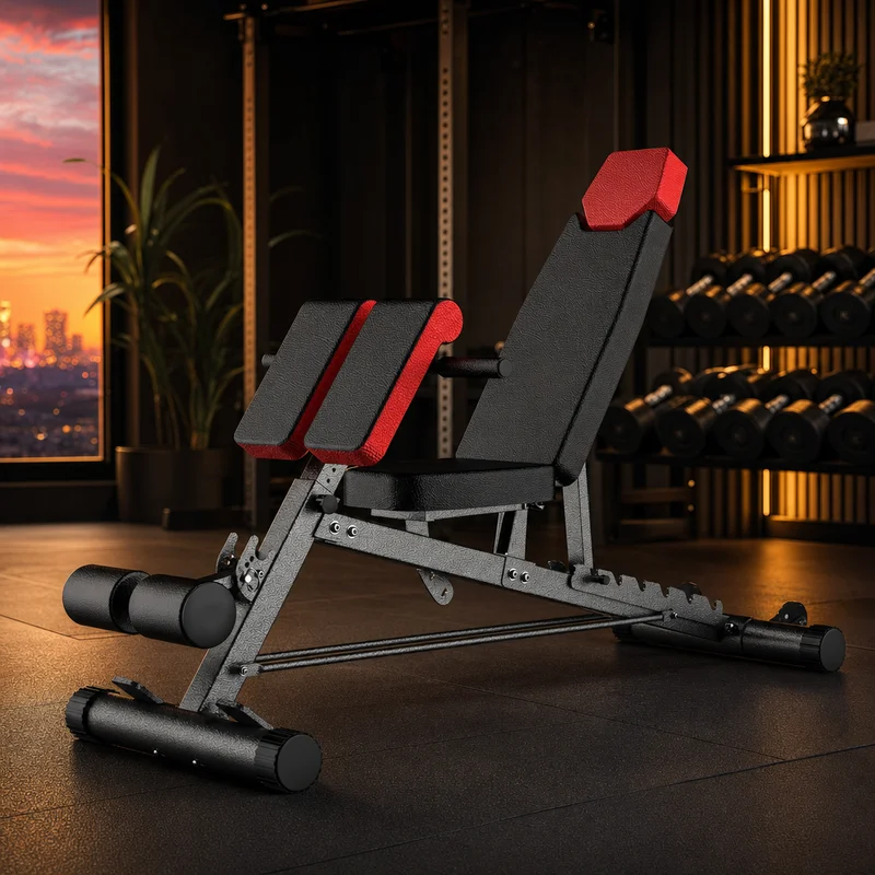 Finer Form multi-functional FID weight bench in black with leg developer and Roman chair attachments, shown in incline configuration — from Amazon listing