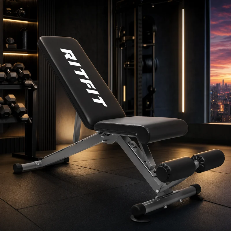 RitFit adjustable foldable weight bench in black with multiple back positions, shown at incline, compact folding steel frame — from Amazon listing