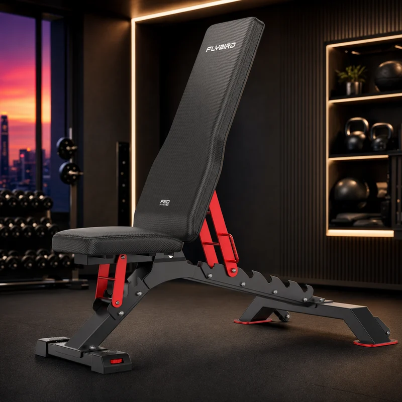 FLYBIRD WB7 commercial-grade adjustable weight bench in black with extra-long 34-inch backrest, heavy triangle-reinforced steel frame and easy-roll wheels — from Amazon listing