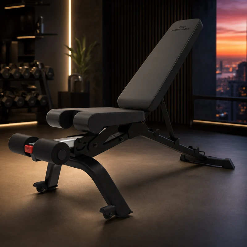 Bowflex 3.1S stowable SelectTech adjustable weight bench in black and red, shown flat and folded vertically for storage — from Amazon listing