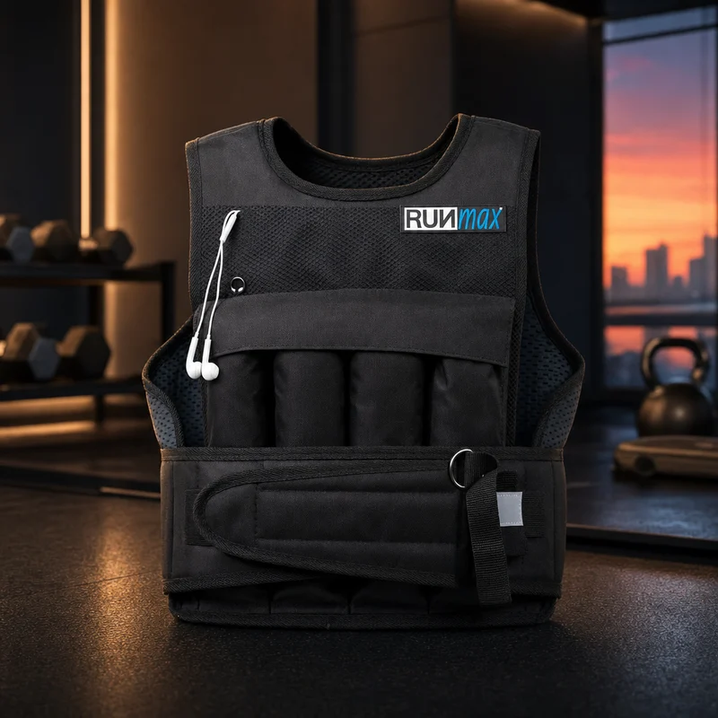 RUNmax weighted vest, black nylon with removable weight packs and padded removable shoulder pads — from Amazon listing