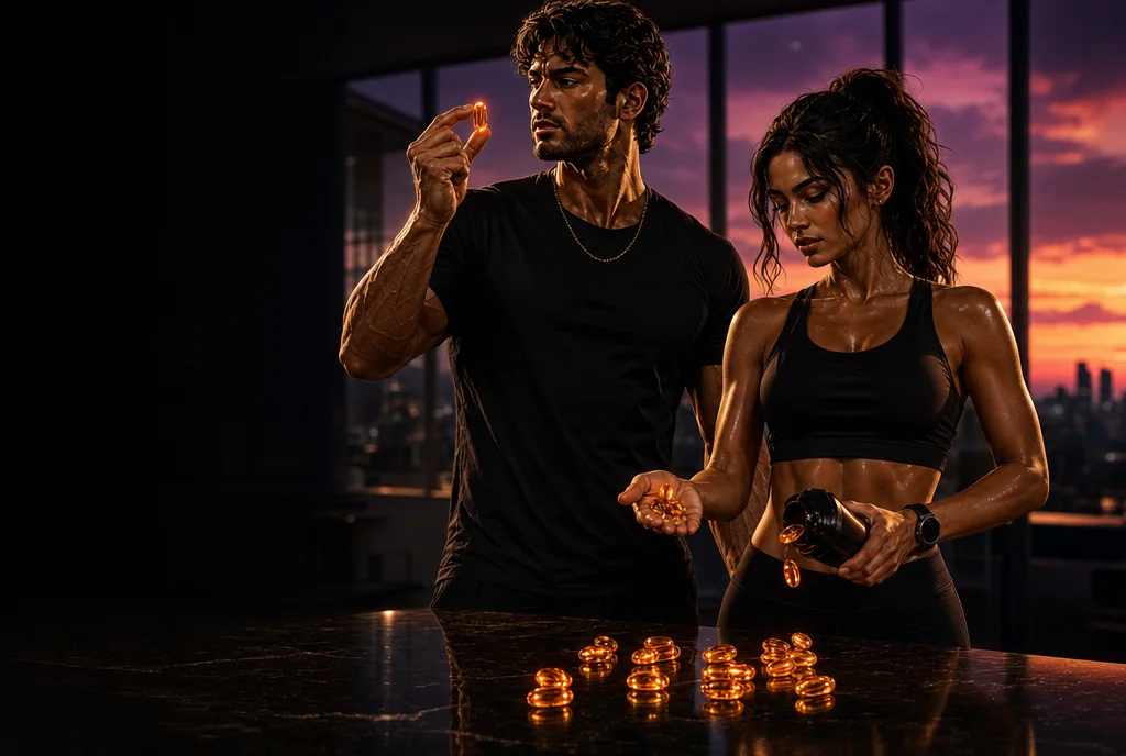 Two Super Achievers in a dark-luxe penthouse at dusk — CoQ10, the mitochondrial coenzyme for heart, migraine and fertility