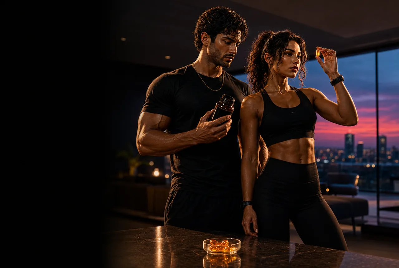Two Super Achievers inspecting CoQ10 softgels in a dark-luxe penthouse — the honest safety picture, checked against the evidence