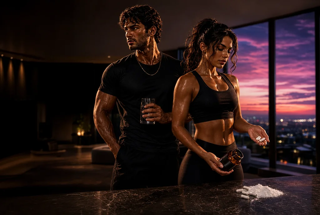 Two Super Achievers in a dark-luxe penthouse at dusk — magnesium glycinate, the bioavailable form for sleep, stress and recovery