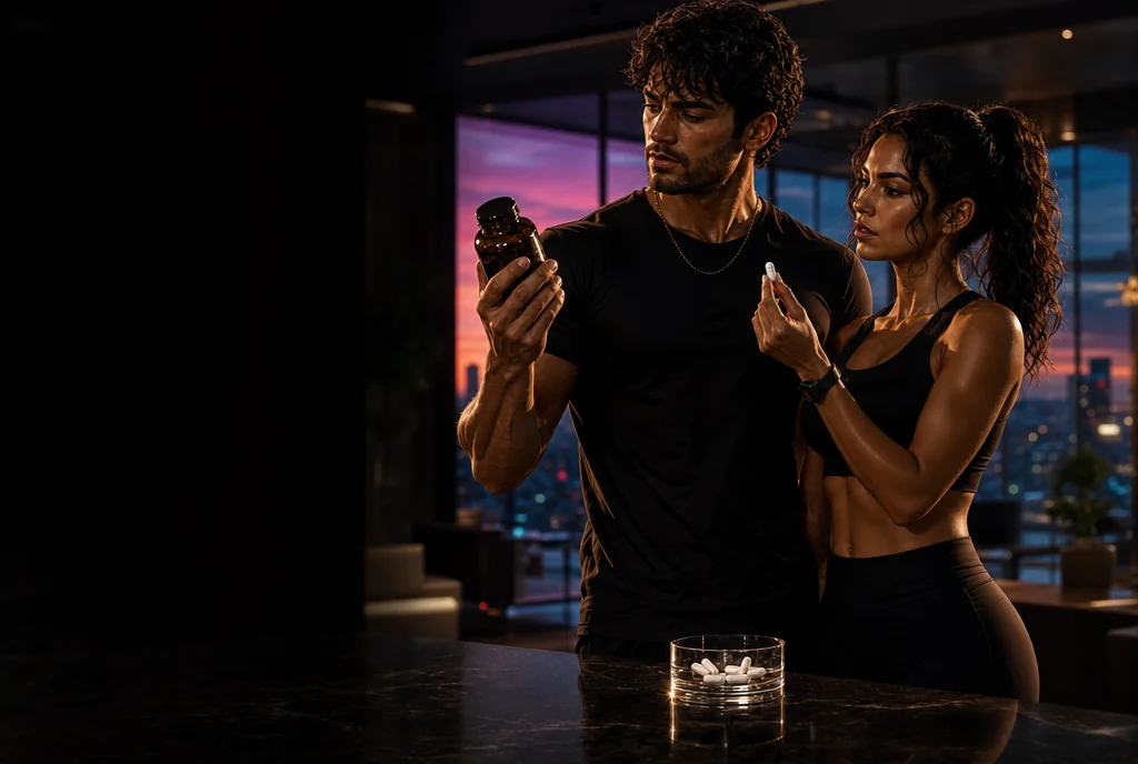 Two Super Achievers inspecting magnesium glycinate capsules in a dark-luxe penthouse — the honest safety picture, checked against the evidence