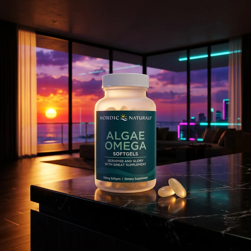 Nordic Naturals Algae Omega, 120 vegan softgels — bottle in the SAC kitchen scene
