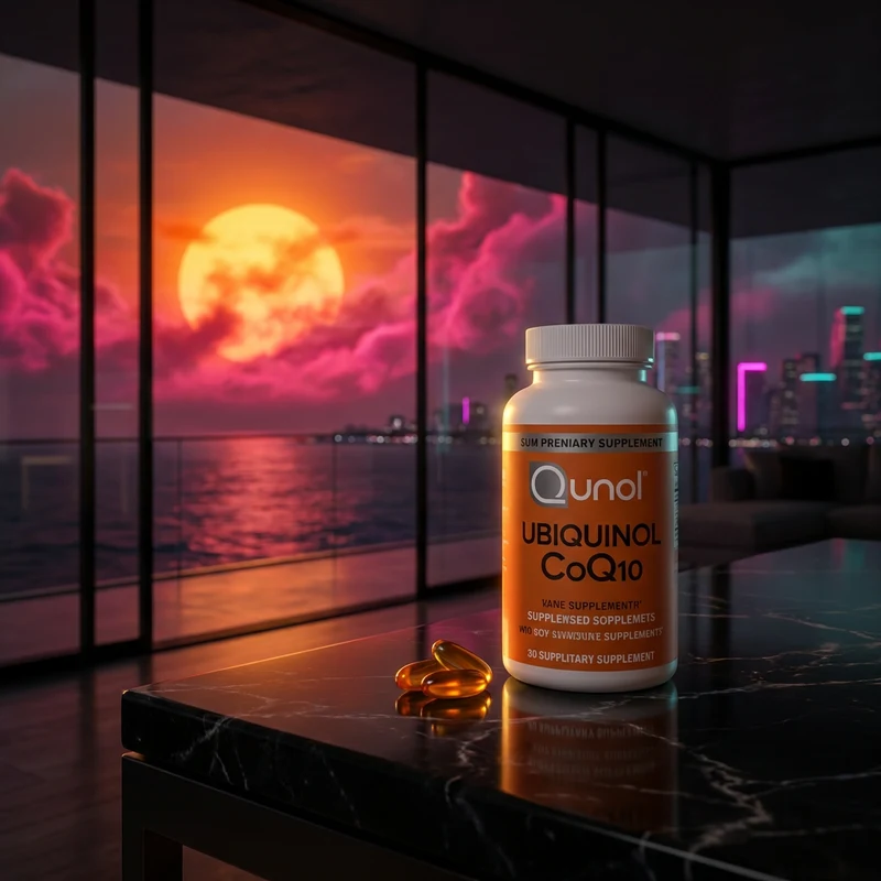Qunol Mega Ubiquinol CoQ10 100 mg, 60 softgels — bottle in the SAC kitchen scene