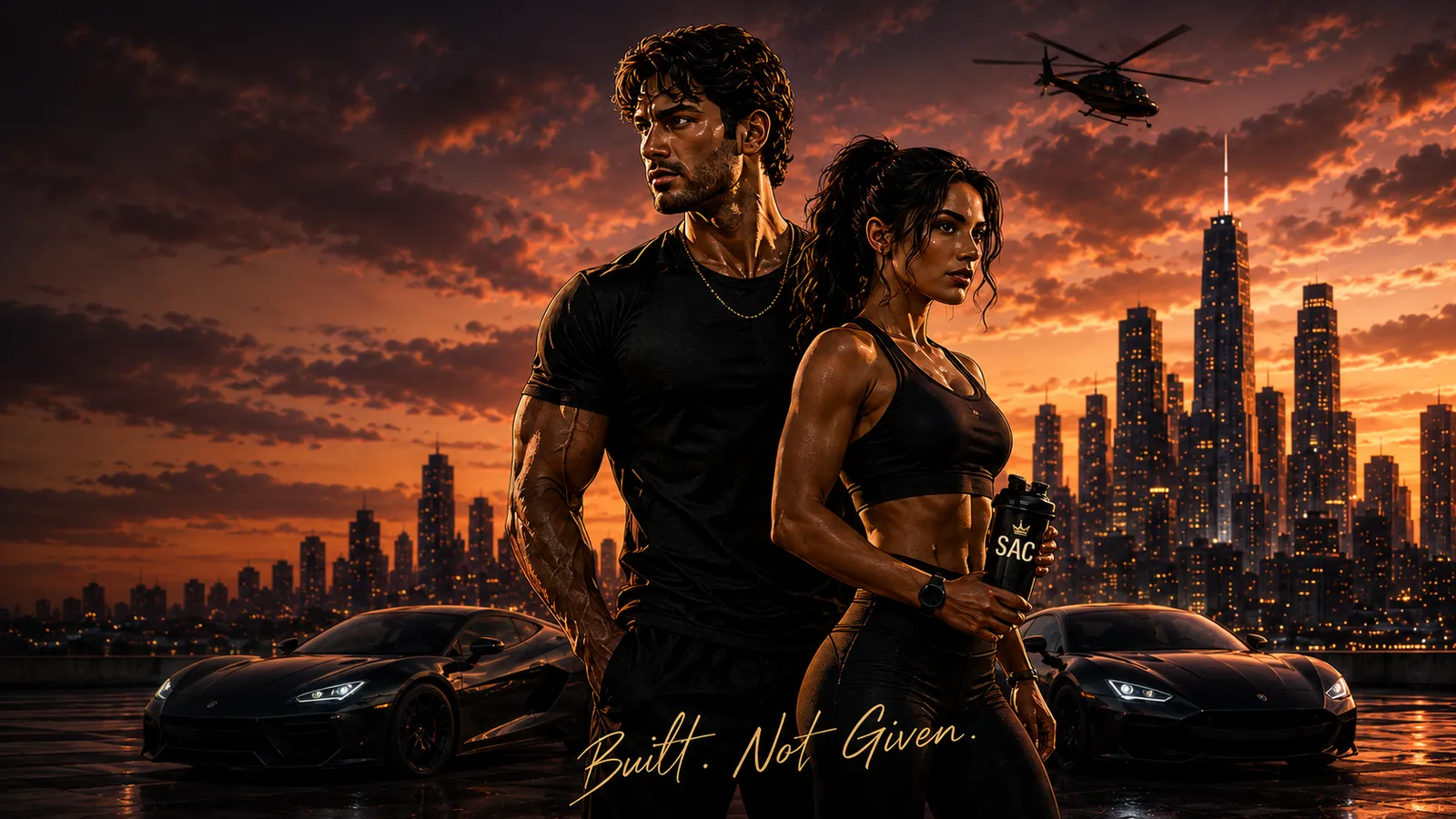 A couple in black standing before a glowing city skyline at dusk — the dream Super Achievers are building toward