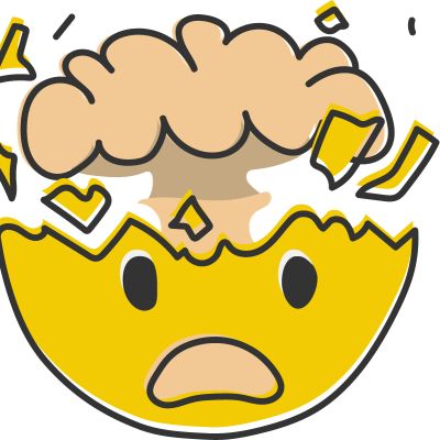 Mind blown emoji. Exploding head emoticon, shocked sad yellow face with brain explosion mushroom cloud. Hand drawn, flat style emoticon.