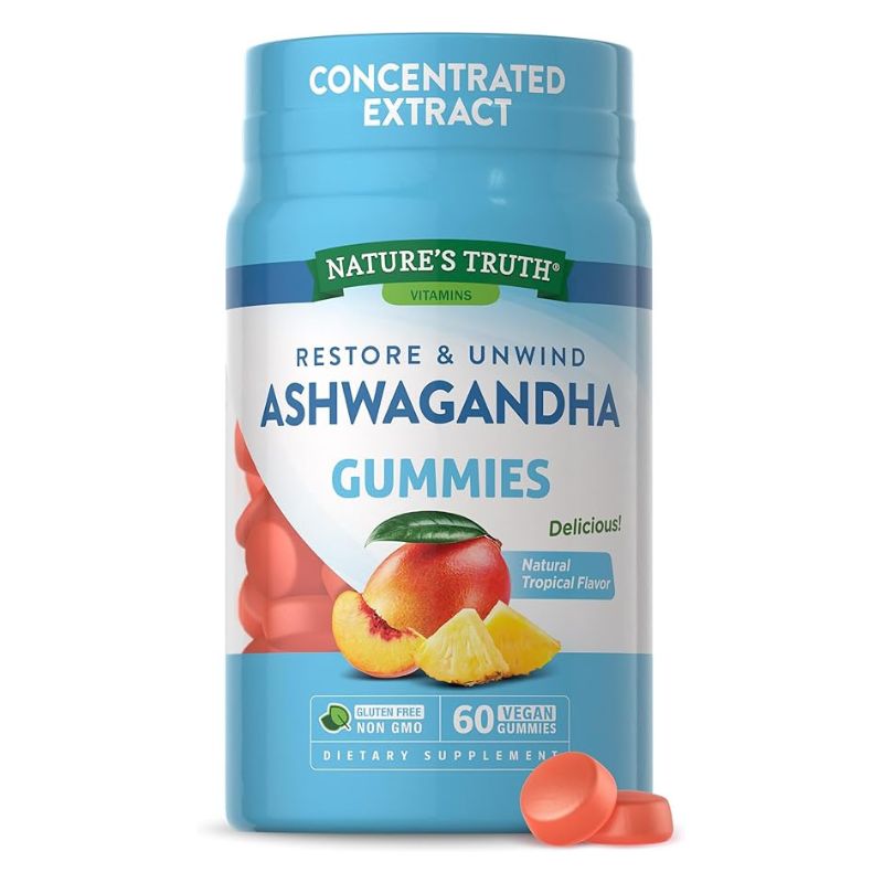 Ashwagandha Gummies Vegan Non GMO Gluten Free Supplement 60 Tropical Flavor Gummies by Natures Truth