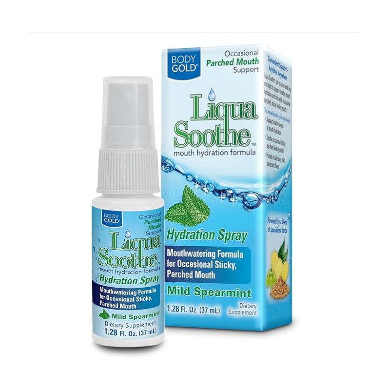 Body Gold Liqua Soothe Mouth Spray, Oral Care Formula for Occasional Dry Mouth Feeling, Supports Healthy Levels of Mouth Hydration w/Akarkara and Ginger, Mild Spearmint Flavor, About 64 Serv, 1.28oz
