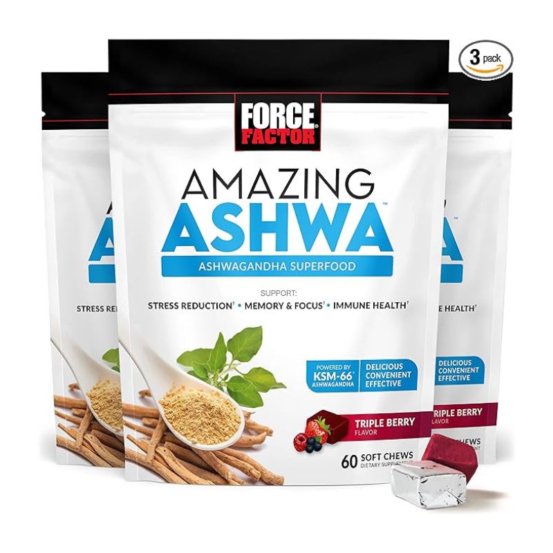 FORCE FACTOR Amazing Ashwa for Stress Relief Memory Focus and Immune Support Health Ashwaganda Supplement with KSM 66 Ashwagandha for Stress 180 Soft Chews 1