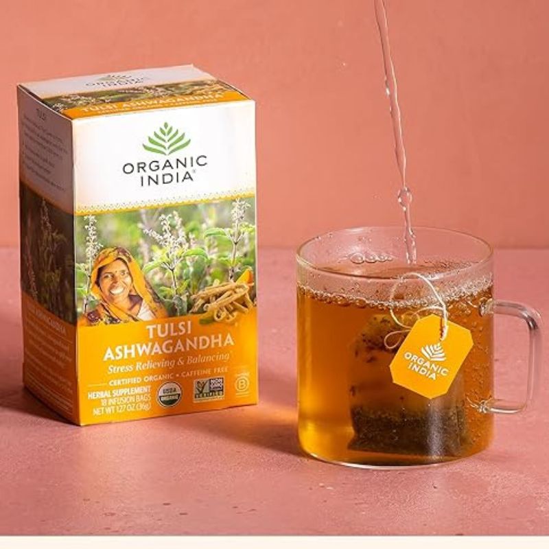 Organic India Tulsi Ashwagandha Herbal Tea Holy Basil Stress Relieving Balancing Immune Support Adaptogen Vegan USDA Certified Organic Caffeine Free 18 Infusion Bags 6 Pack 1
