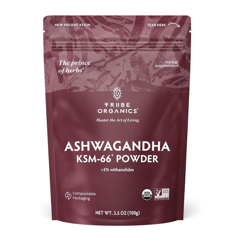 TRIBE ORGANICS KSM 66 Ashwagandha Root Extract Powder Ayurvedic Herb for Mood Support Increase Energy Strength Organic Natural Gluten Free Non GMO Full Spectrum 100g Pouch