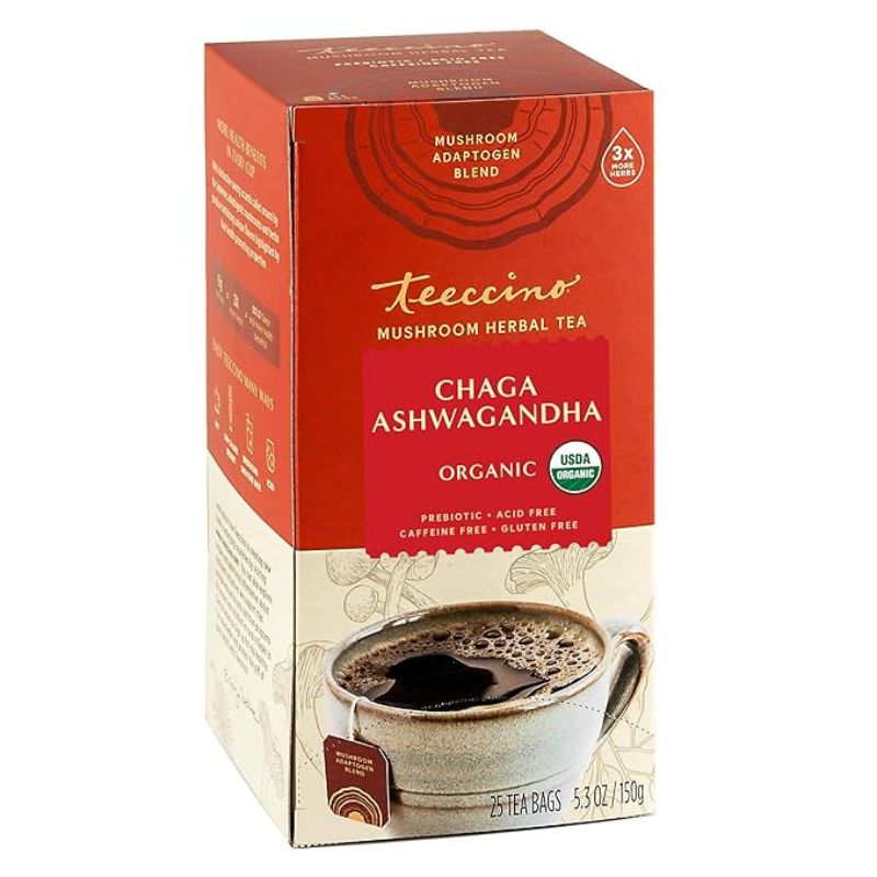 Teeccino Chaga Ashwagandha Tea Butterscotch Cream Organic Mushroom Adaptogenic Herbal Tea 3x More Herbs than Regular Tea Bags Prebiotic Caffeine Free Gluten Free 25 Tea Bags Pack of 3 1