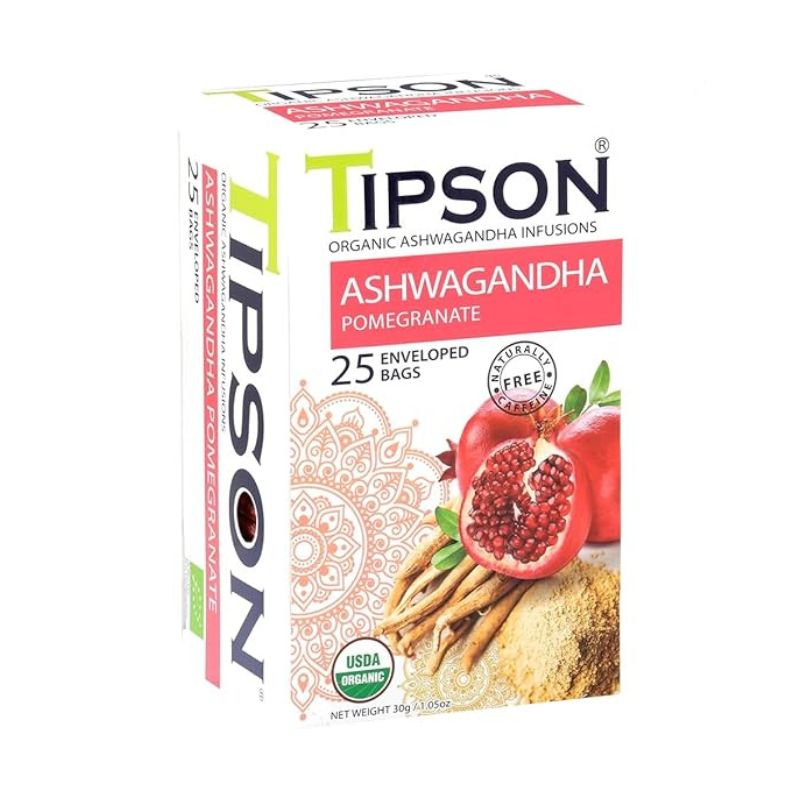 Tipson Organic Ashwagandha Tea Infusions Pomegranate Caffeine Free Non GMO Gluten Free 25 Premium Tea Bags Pack of 1 1