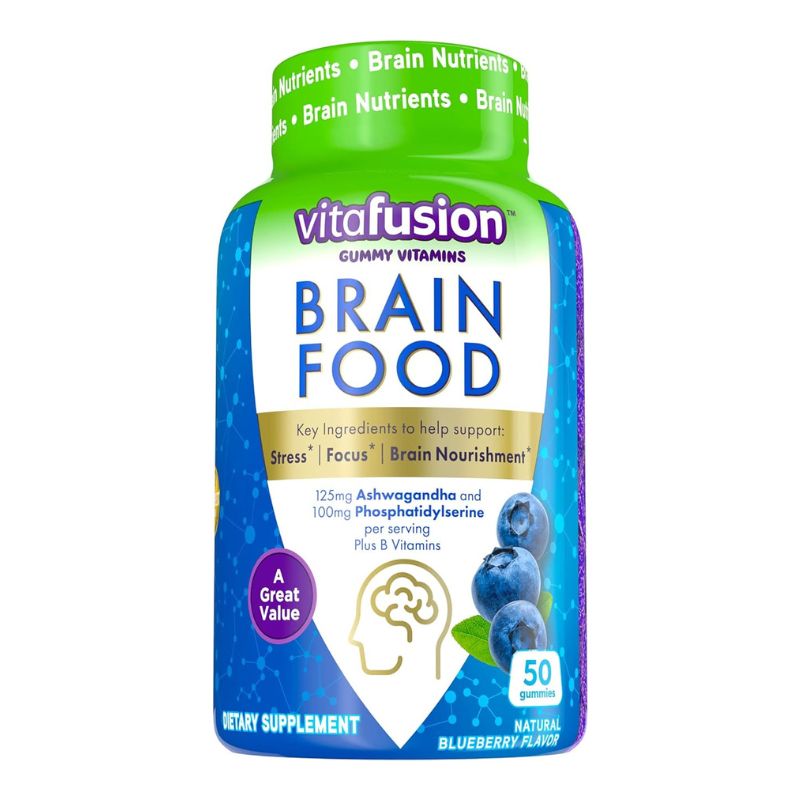Vitafusion Brain Food Gummy Supplement 125mg Ashwagandha 100mg Phosphatidylserine per Serving B Vitamins 50ct 25 Day Supply Blueberry Flavor from Americas Number One Gummy Vitamin Brand 1