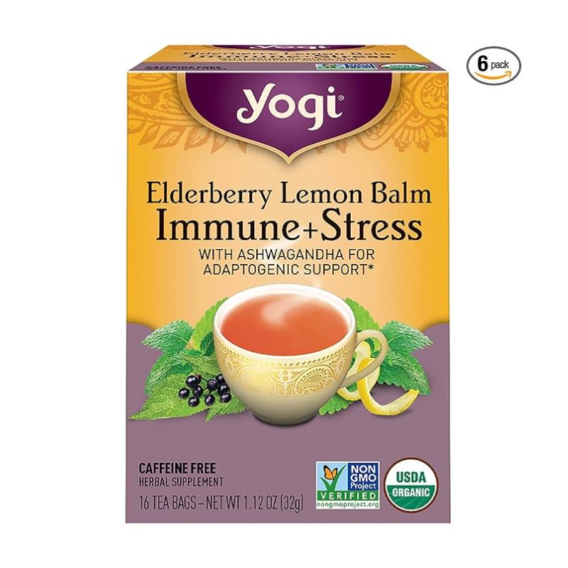 Yogi Tea Elderberry Lemon Balm Immune and Stress Support 6 Pack With Ashwagandha For Adaptogenic Support Caffeine Free 96 Organic Herbal Tea Bags 1